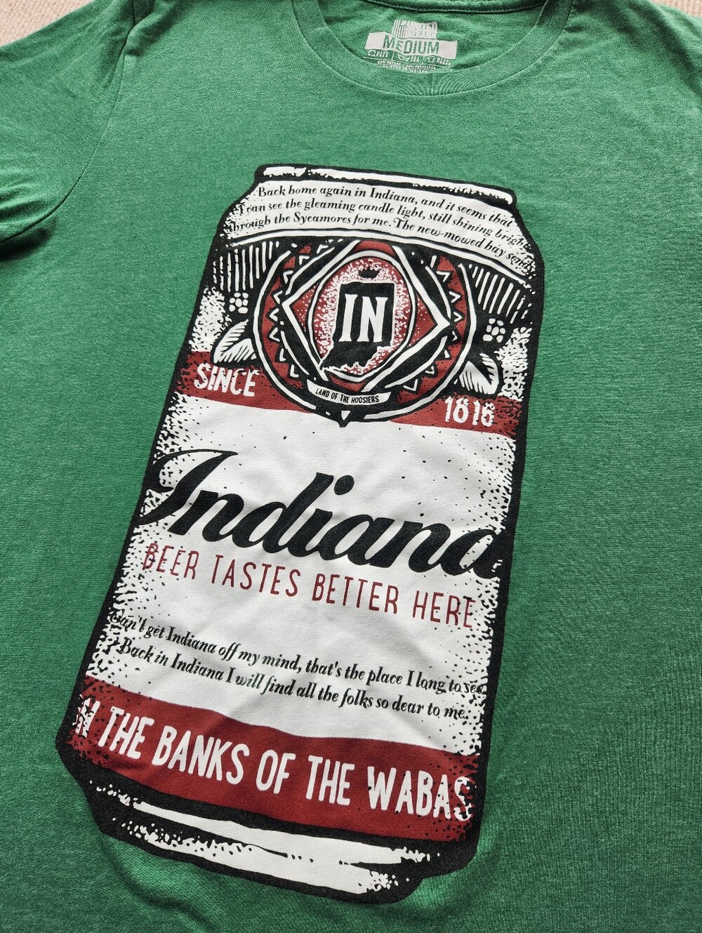 United State of Indiana Green Men's M Indiana Beer Can Graphic T-Shirt Brewery